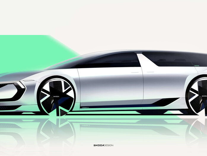 Een zilveren Skoda Vision O concept car met strakke lijnen en futuristische, opvallende velgen.