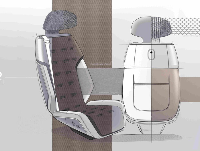 Skoda Vision O concept stoel interieur, met 3D-geprinte hoofdsteun en innovatieve textielmaterialen.