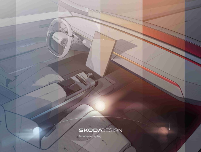 Skoda Vision O concept interieur met futuristische bio-adaptieve verlichting, strak design en digitale displays.