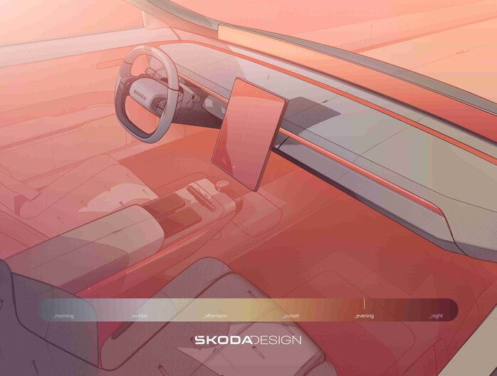 Skoda Vision O futuristisch interieur concept toont lichtverandering van dag naar nacht.