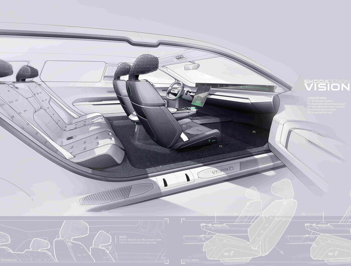 Skoda Vision O interieurschets toont comfortvoorzieningen, waaronder 3D-geprinte hoofdsteunen en verstelbare stoelen.