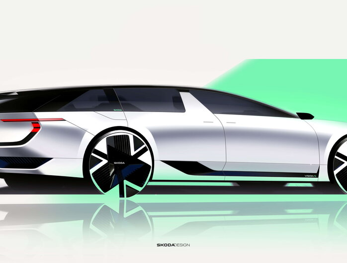 Zijaanzicht witte Skoda Vision O concept met gestroomlijnd ontwerp en unieke velgen.