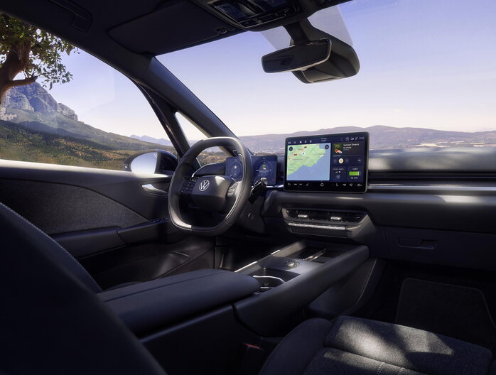 Interieur van de Nieuwe Volkswagen ID.3 Neo met een panoramisch zicht op de bergen en natuur