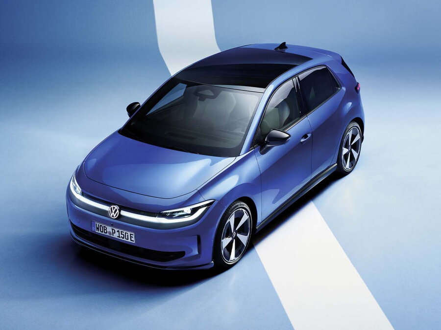 Bovenaanzicht van de blauwe Volkswagen ID.Polo, een moderne elektrische hatchback.