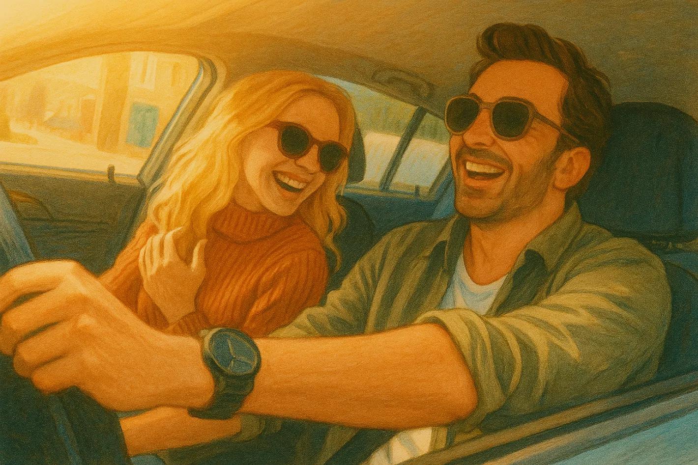 Lachend koppel in een auto tijdens een roadtrip