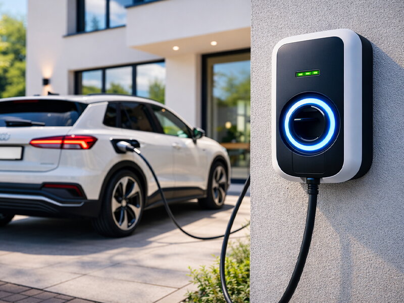 audi q' is aan het laden via een wallbox op de oprit - AI generated