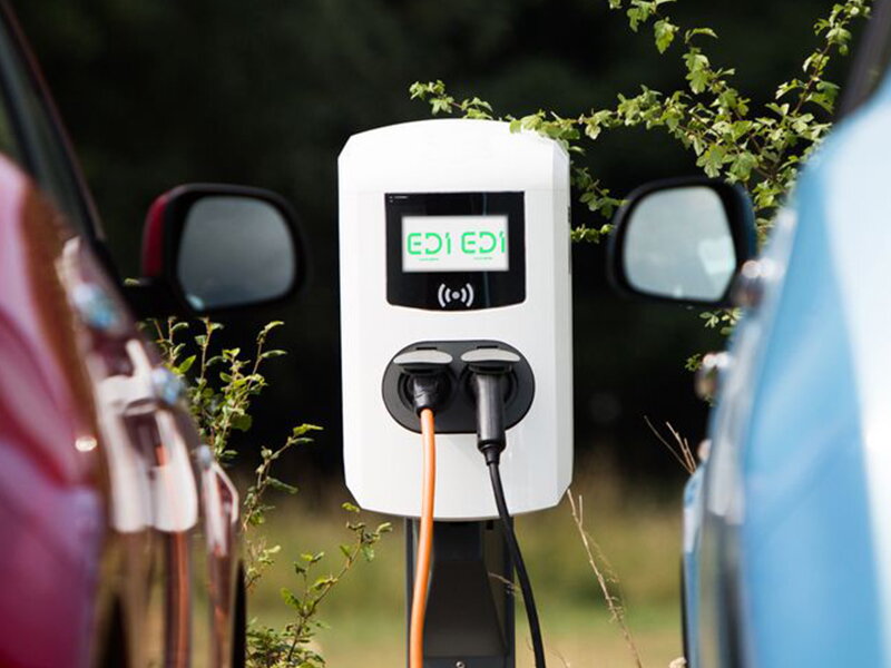 twee elektrische wagens laden via een dubbele laadpaal van edi