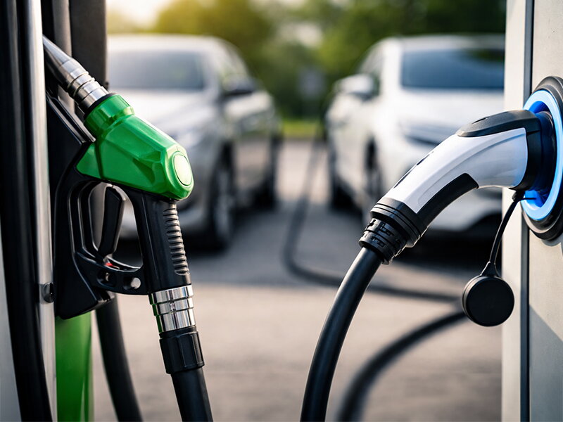 Benzinepistool tankstation vs laadkabel elektrische wagen laadpaal