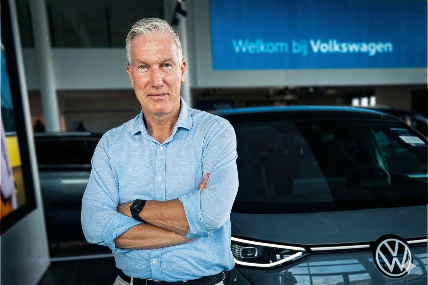 Portret van een professionele adviseur bij Groep Thoen, staand voor een nieuwe grijze Volkswagen ID.3 in de showroom in Aalst.