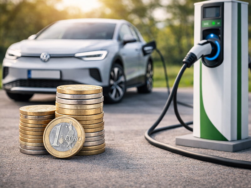 Stapel euro's naast een laadpaal met een elektrische wagen die in de achtergrond aan het laden is