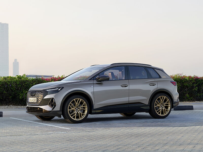 Audi Q4 e-tron grijs geparkeerd met panoramisch zicht