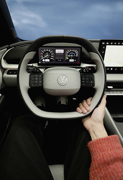 Modern interieur van Volkswagen ID.Polo met digitaal dashboard en multifunctioneel stuurwiel.