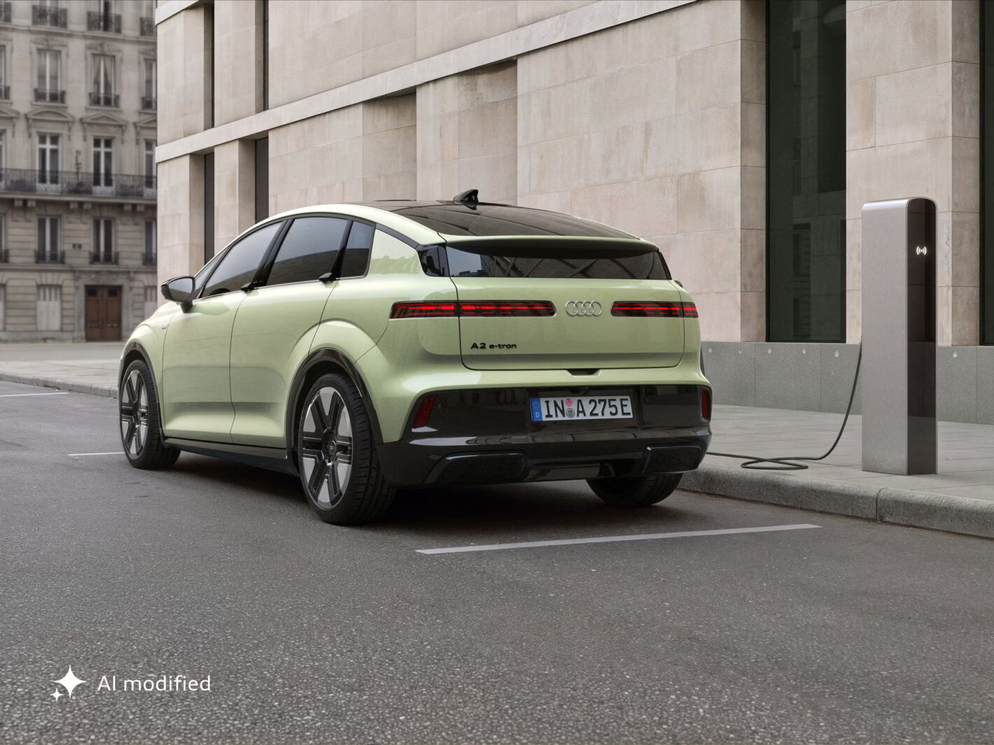 De nieuwe Audi A2 e-tron in het lichtgroen aan het laden in het straatbeeld